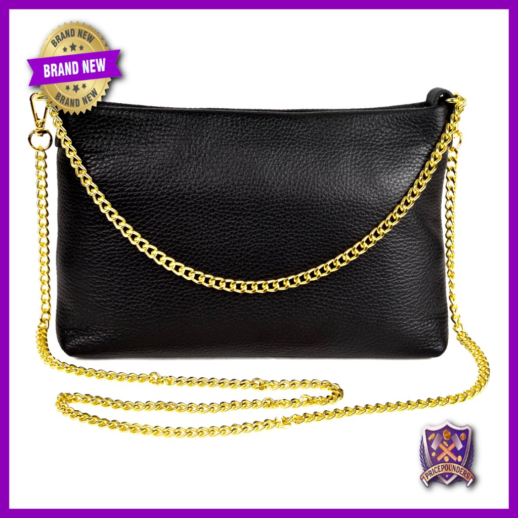 Genuine Leather Clutch Evening Bag Gold Chain Strap Crossbody Minimal Chic